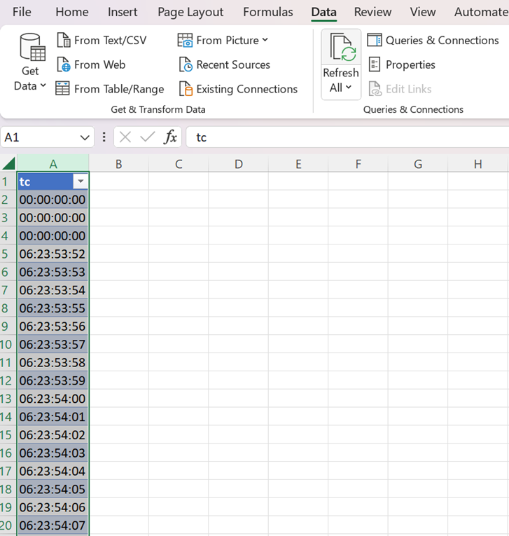 How to get time code variable in excel from mocap data?